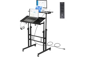Hadulcet Mobile Standing Desk with Charging Station, Adjustable Standing Computer Desk, Standing Adjustable Laptop Cart with Wheels for Home Office Classroom Black