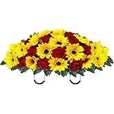 Wkczhod Artificial Summer Autumn Sunflower Cemetery Flowers Outdoor Grave Decorations Saddle Arrangement for Headstone,Outdoor Tombstone Memorial Decorations, Easy Fit (Yellow Red)