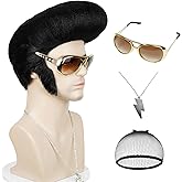 Pre-styled Man Wig and Glasses Necklace, Black Wig with Sideburns Men 50s Rock Star Disco Singer Hair Wig Rocker Costume for Halloween Cosplay Party + Cap
