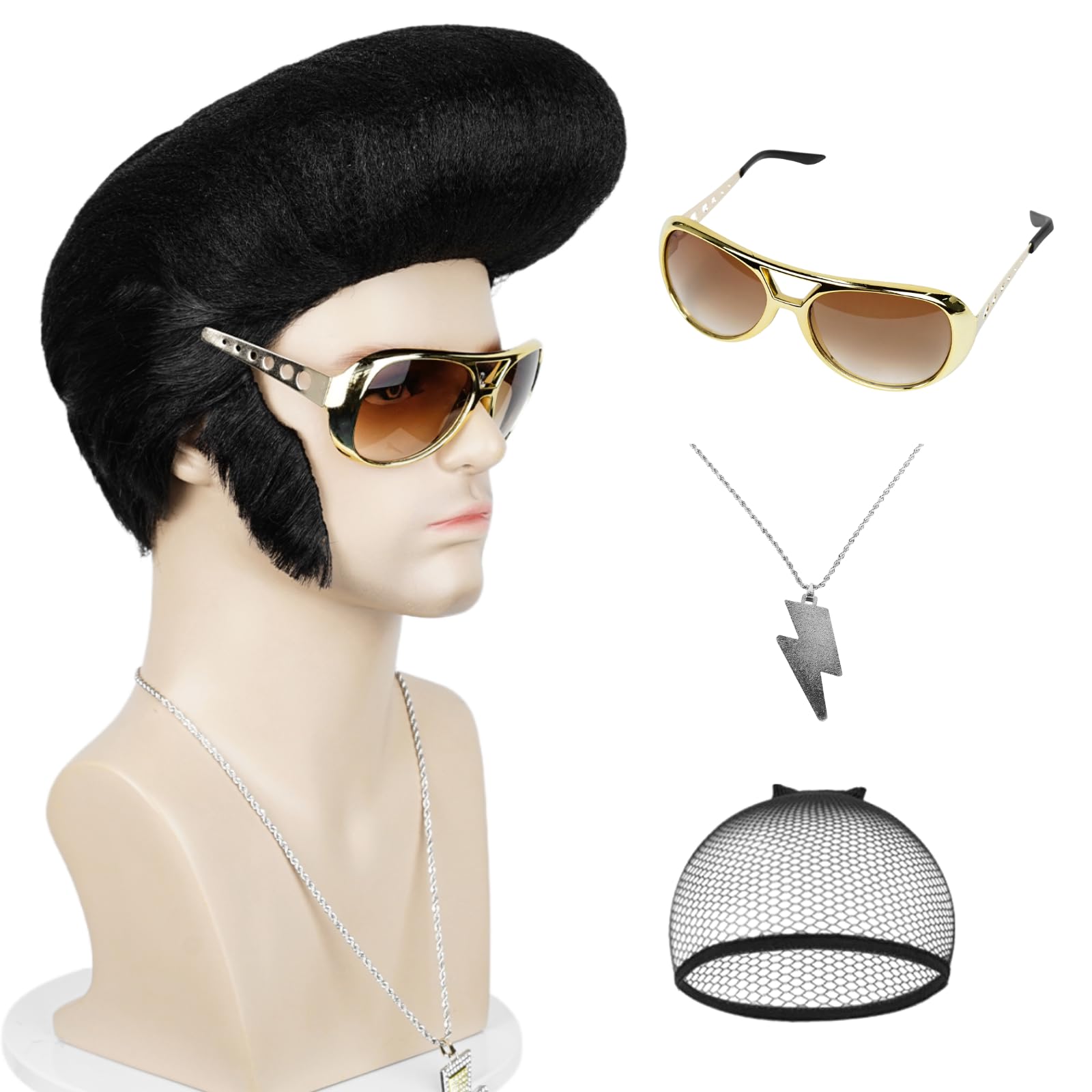 Photo 1 of Pre-styled Man Wig and Glasses Necklace, Black Wig with Sideburns Men 50s Rock Star Disco Singer Hair Wig Rocker Costume for Halloween Cosplay Party + Cap