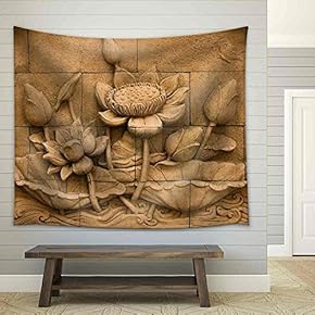 a Stone Inscription of a Flower, Thai Style of Buddhism - Fabric Wall Tapestry Home Decor - 51x60 inches