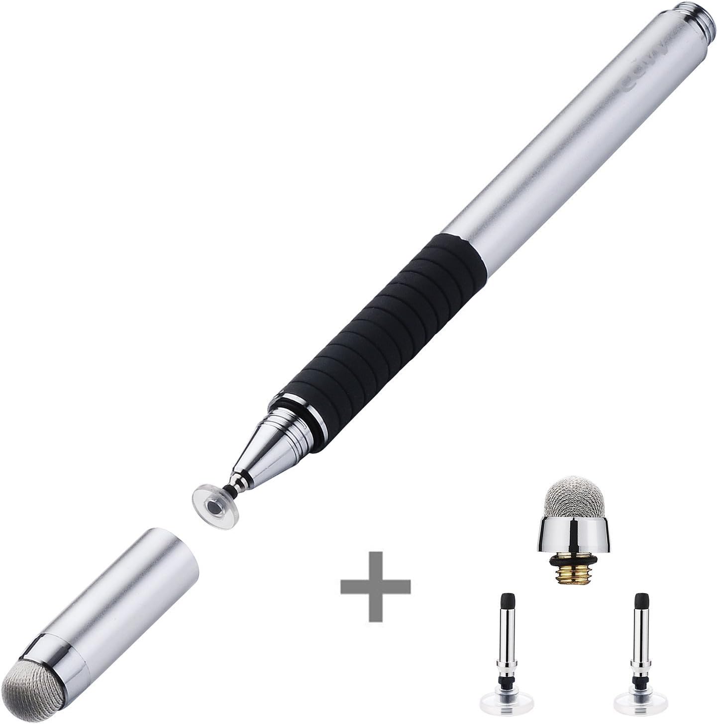 CCIVV Stylus Pen 2 in 1 Fine Point & Mesh Tip for Touch Screen Tablet and Cellphone, iPad Kindle iphone + Replaceable 2 Discs & 1 Hybrid Fiber Tips (Silver)