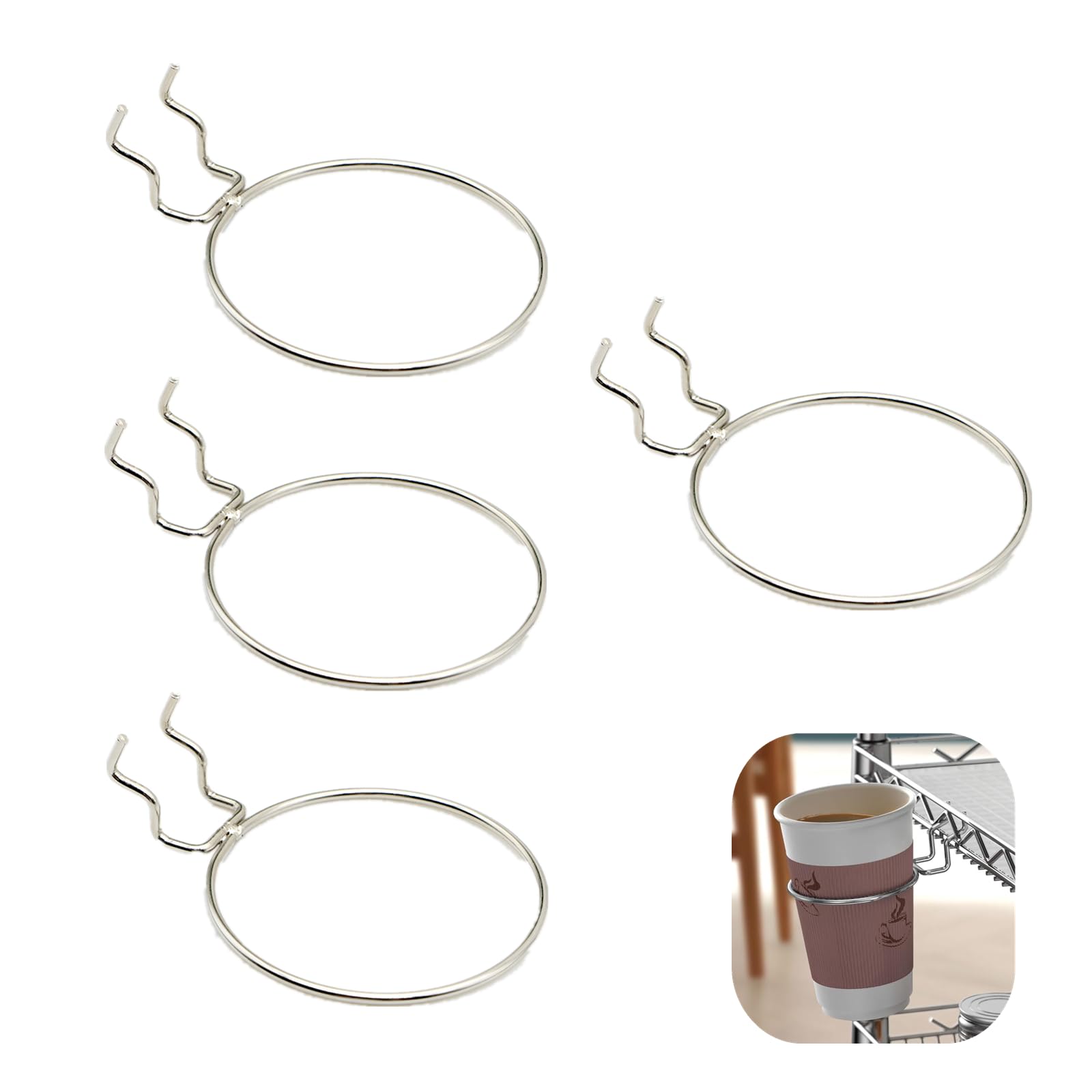 4 PCS Shopping Cart Cup Holder Portable Cup Holder Cart Cup Holder Carbon Steel Ring Style Cart Hanger Shopping Cart Accessories for Coffee Tapered Cup, Chrome