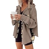 SHEWIN Womens Waffle Knit Plaid Shacket Boyfriend Button Down Shirt Hooded Jacket Loose Long Sleeve Tops