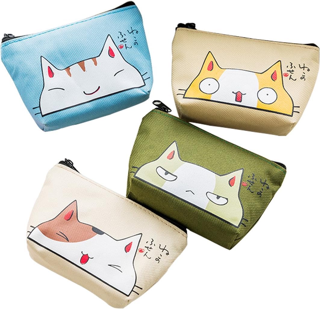 Oyachic 4 Pcs Cat Coin Purse Canvas Wallet Pouch with Zipper Cash, Coin Holder Animal Money Bag for Credit Card, ID Card, Keys, Headset, Lipstick