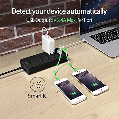 image for NTONPOWER Flat Plug Power Strip with 6 Outlets 3 USB Ports No Surge Pr