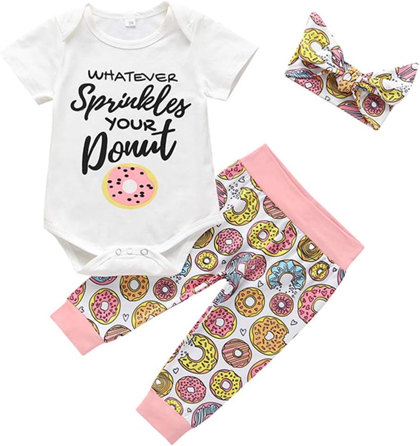 3Pcs Infant Baby Girl Romper Donut Pants Bowknot Headband Outfit Clothes Set