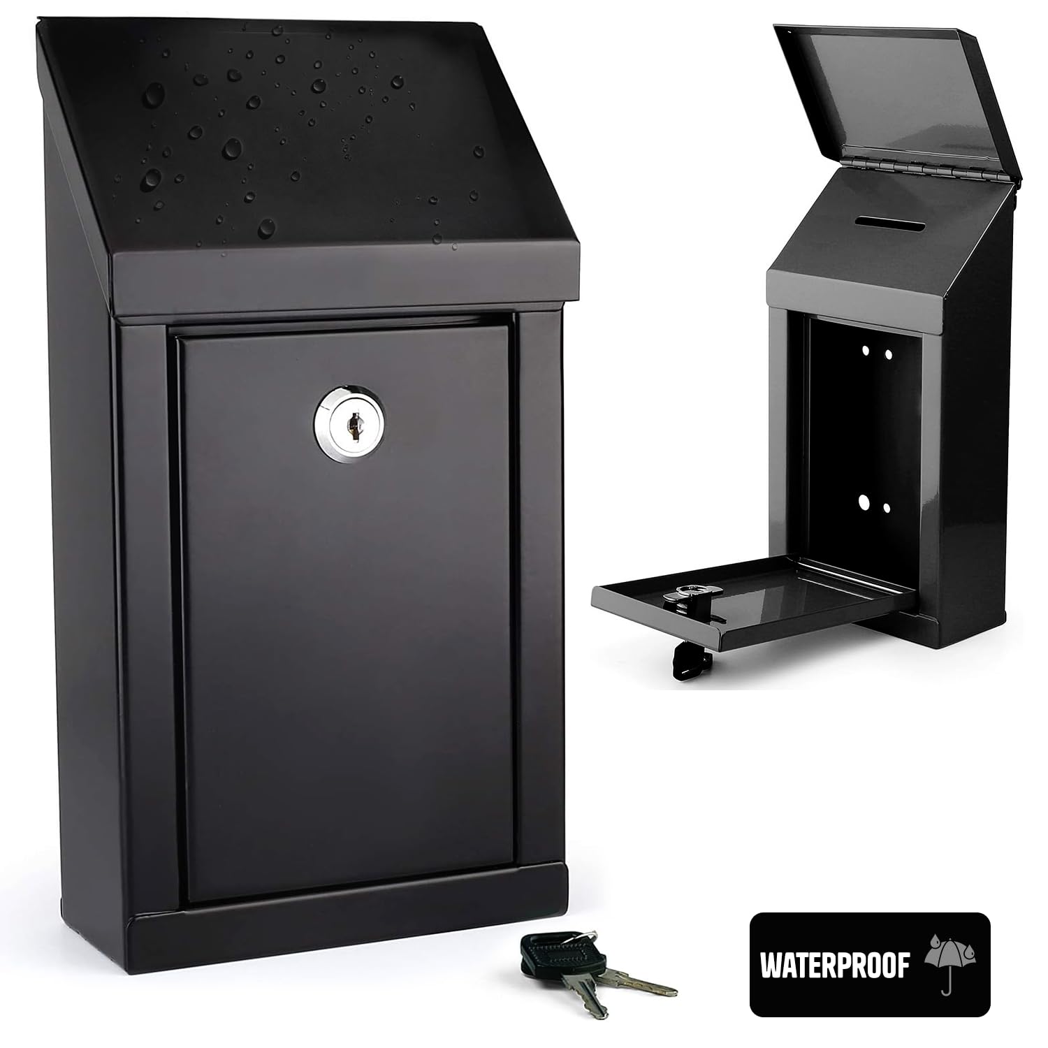 Metal Donation Box Charity Steel Collection Box Office Suggestion Box Secure Box with Top Slot and Lock with Keys Wall Mount with pre drilled Holes 10x6x2.5 Waterproof Mailbox for Home Office (Black)