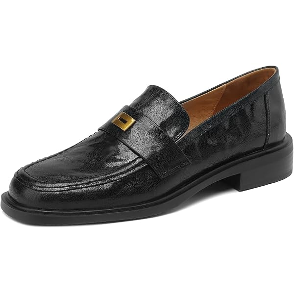 Woman  Black Leather Slip-On Loafers with Gold Buckle Accent Women main image 4
