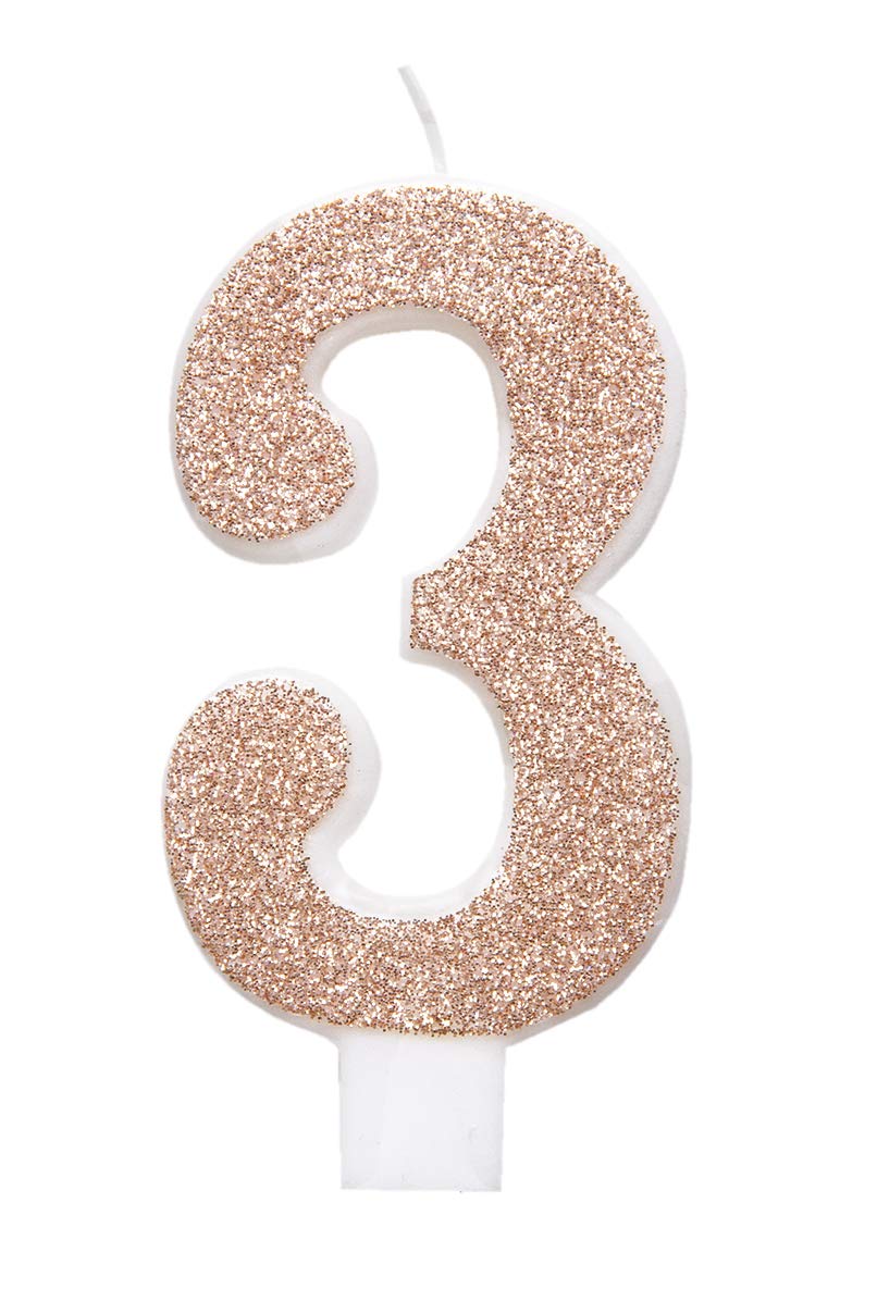Unique Party 84973 84973-Glitz Rose Gold Number 3 Birthday Candle, Age 3