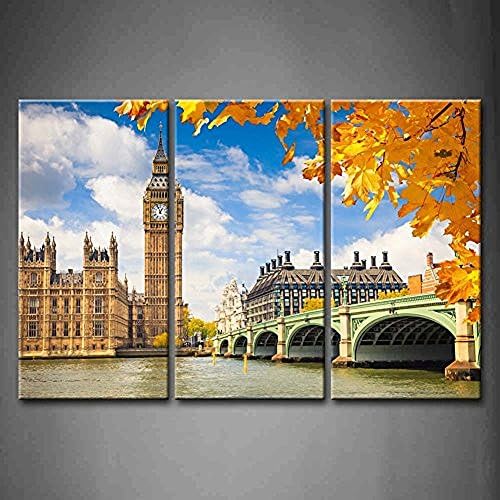 TMD Shop 3 Panel Wall Art Big Ben With Autumn Leaves London Bridge River Blue Sky With Cloud Painting Pictures Print On Canvas Architecture The Picture For Home Modern Decoration piece