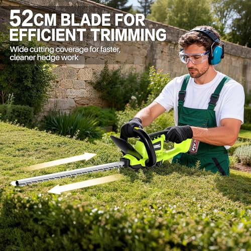 Kalamotti Cordless Hedge Trimmer, 52cm Blade Dual Action Blades Lightweight, Hedge Trimmer Cordless Hedge Cutter with 2x21V Batteries and Charger Included, Trimmer Pruning Branch for Fence, Grass Trim
