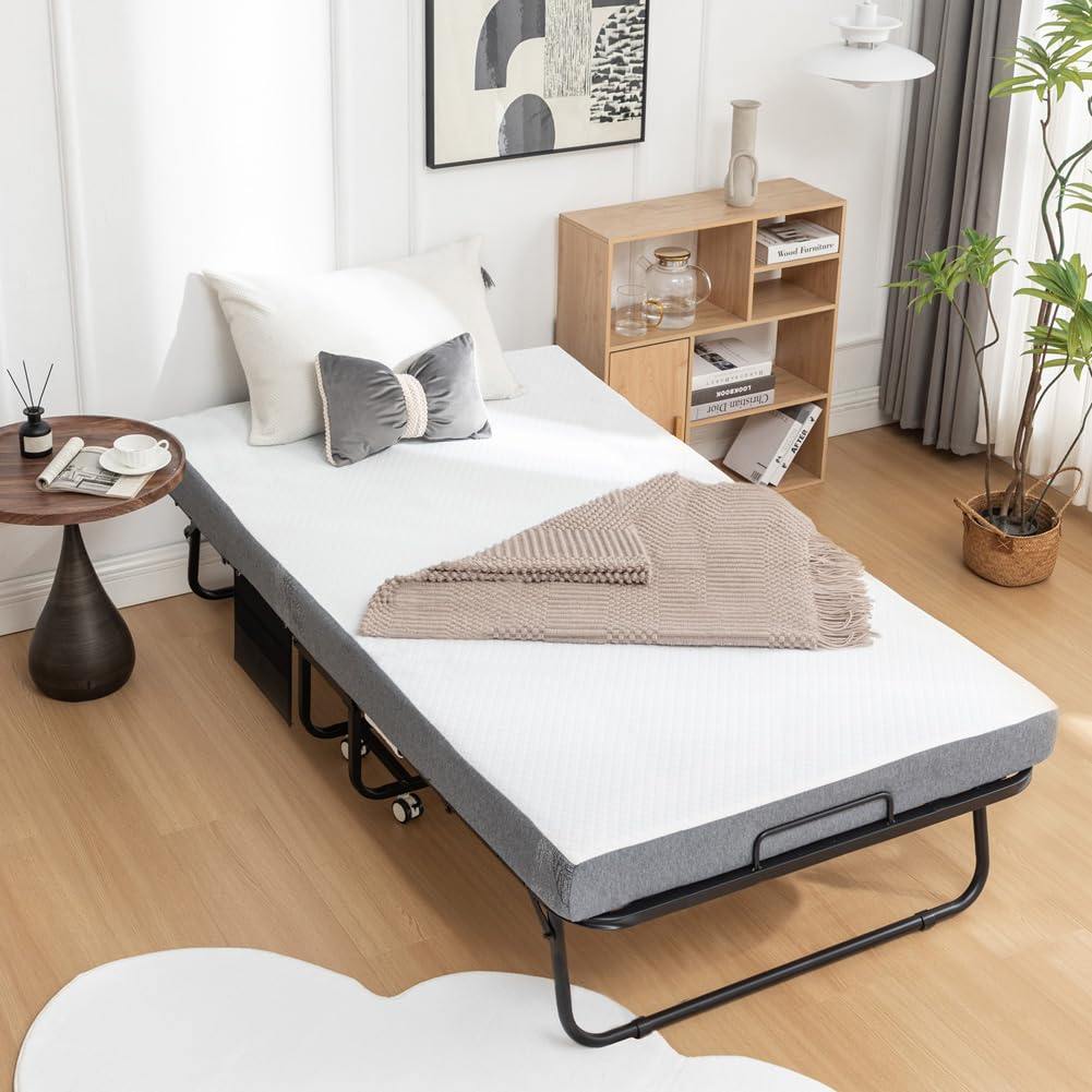 Photo 1 of **DIRT OR RUST**.BouPower 75" x 38" Folding Bed with Mattress, Portable Foldable Bed with 5" Memory Foam Mattress and Metal Frame for Adults, Roll Away Guest on Wheels, Side Storage Pocket, Space Saving, Easy Storage