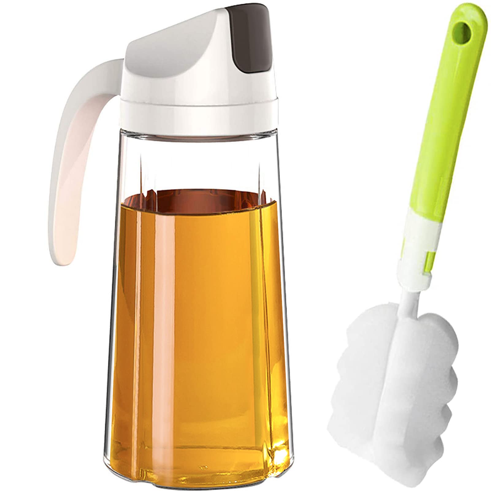 VUL Oil Dispenser, Auto Flip Cap Oil Bottle for kitchen, 630ml Glass Olive Oil Bottle with Brush, Non-Drip Spout, Leakproof, Non-Slip Handle Container for Kitchen Cooking