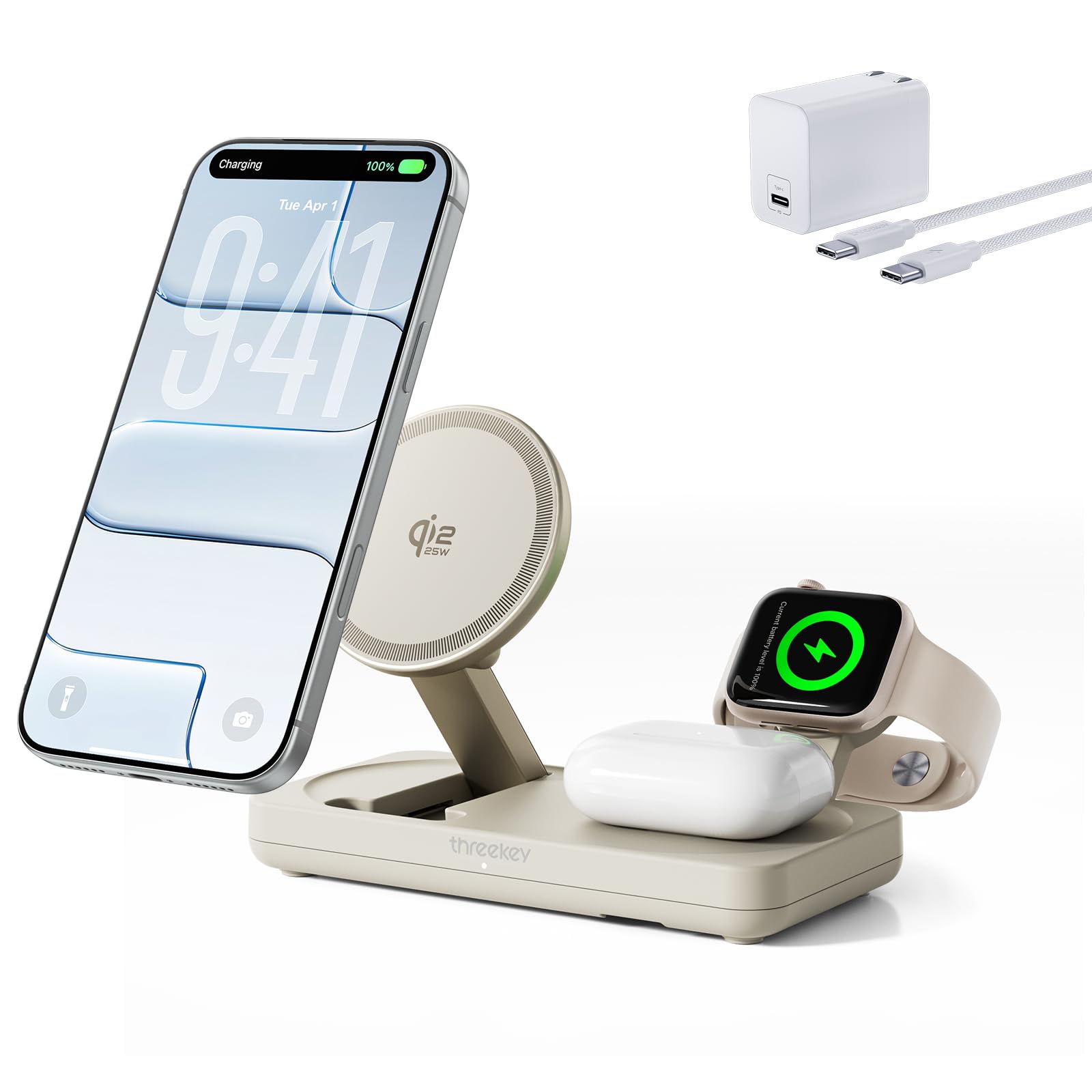 THREEKEY 3 in 1 iPhone 17 Charging Station,MagSafe Charger Compatible, Qi2 25W MFi Certified Wireless Charger Stand for iPhone 17-12, Apple Watch, AirPods, Pixel 10 Pro XL(45W Adapter Included)