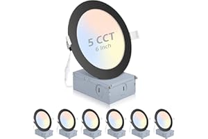 POWERASIA 6 Pack Recessed Lighting 6 Inch with Junction Box, 5CCT 6 Inch Black LED Recessed Lights Dimmable 2700K/3000K/4000K/5000K/6000K, 15W1200lm Ultra Thin Recessed Lighting - ETL and Energy Star Certified