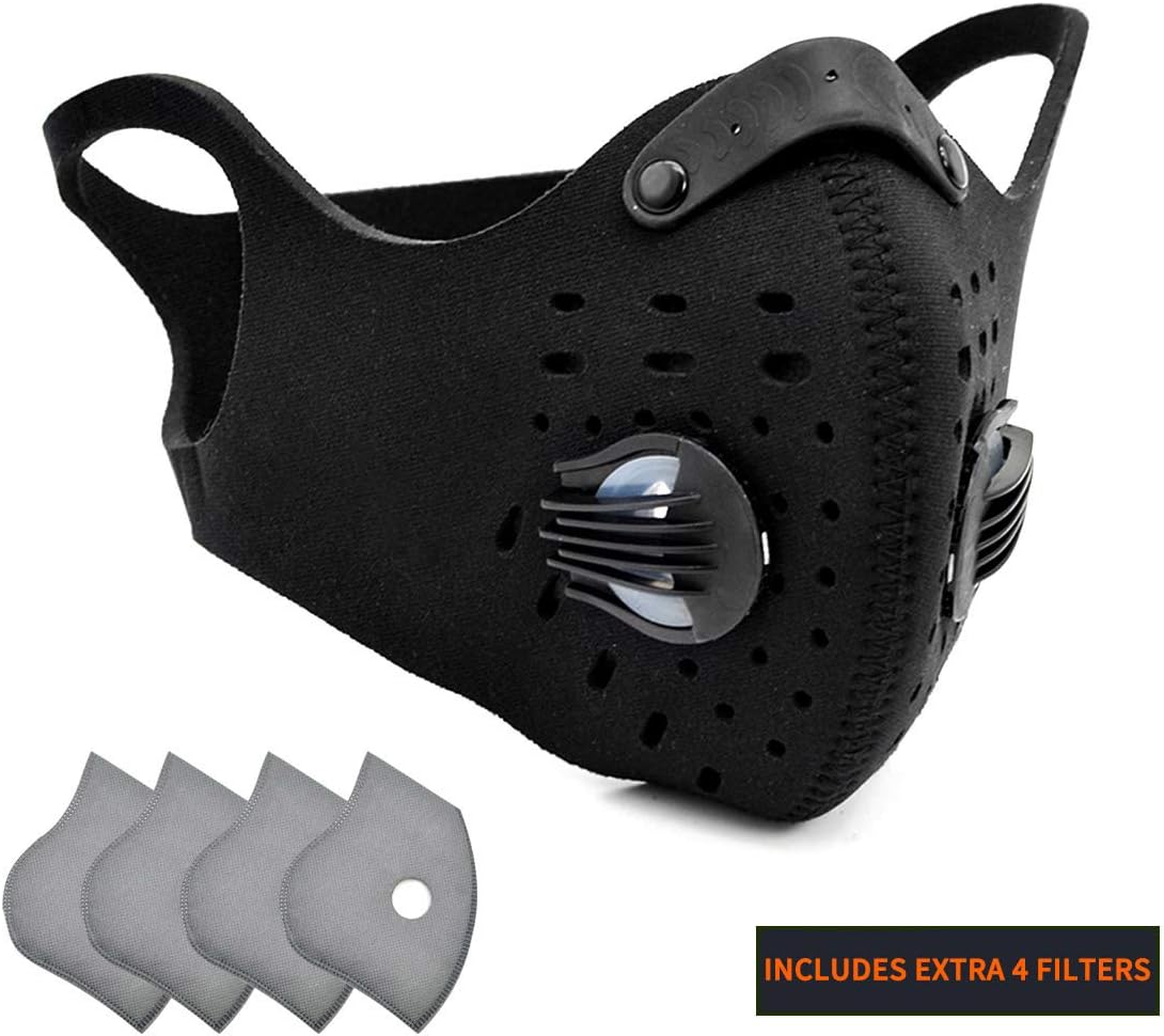 Dust Mask-Reusable Neoprene Dustproof Mask with 4 Extra N95 Activated Carbon Filters for Pollen Allergy, Woodworking Mowing, Running, Cycling, Outdoor Activities
