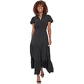 London Times Women's Dresses Women's Flutter Sleeve Tiered Maxi - Ruffle Neck Elastic Waist - Wedding Guest Dress, Black, Large