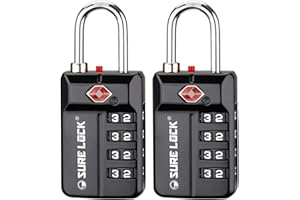 SURE LOCK TSA Approved 4-Digit Resettable Combination Luggage Locks with Open Alert, Easy-Read Dials - for Luggage, School Lockers, Gym, Office, Toolbox & Security Cases (Black 2 Pack)