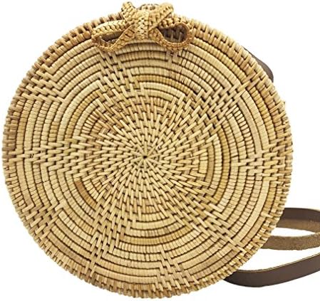 Round Handwoven Rattan Bag Leather Strap Crossbody Shoulder Beach Bag