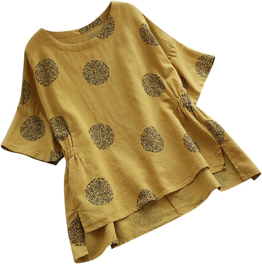 DEELINFashion Women Plus Size Dot Print O-Neck Loose Cotton Short Sleeved Casual Shirt Vintage Blouse T-Shirt (XXL, Yellow)