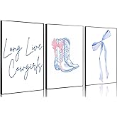 3 Pcs Long Live Cowgirls Wall Art Blue Bows Canvas Wall Decor Trendy Western Cowgirl Boots Preppy Paintings Prints Posters for Preppy Girly Dorm Apartment Bedroom Living Room 16x24in Unframed