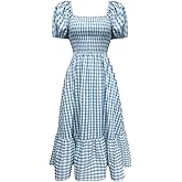 Floerns Women's Gingham Plaid Short Puff Sleeve Dress Square Neck Ruffle Summer Maxi Dresses