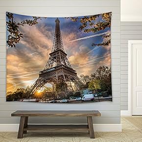 Eiffel Tower with Spring Tree in Paris, France - Fabric Wall Tapestry Home Decor - 51x60 inches