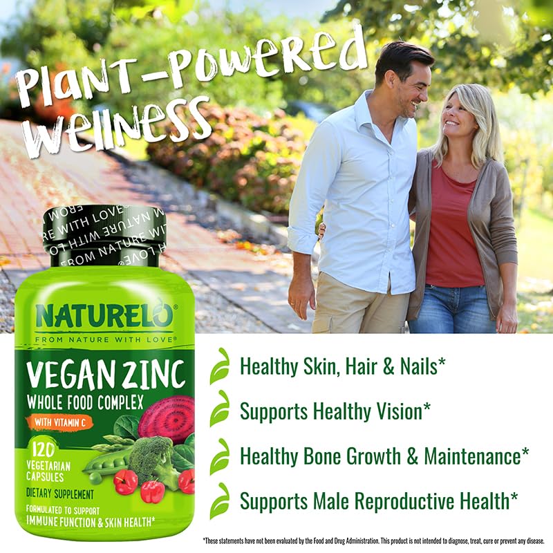 NATURELO Vegan Zinc Immune Support Capsules - Whole Food Complex with Vitamin C for Healthy Skin, Hair, and Nails - 120 Capsules