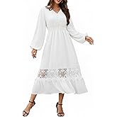 Olaesa Women's Long Sleeve Boho Maxi Dress 2026 V Neck Smocked Elegant Long Dresses with Pockets for Wedding Guest Vacation