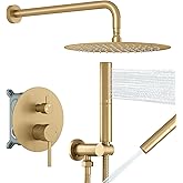 BESy Shower System with 10 Inch Round Rain Shower Head and Handheld Wall Mounted, High Pressure Rainfall Shower Faucet Fixture Combo Set with 2 in 1 Handheld Showerhead for Bathroom, Brushed Gold