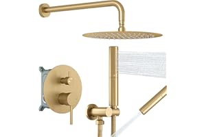 BESy Shower System with 10 Inch Round Rain Shower Head and Handheld Wall Mounted, High Pressure Rainfall Shower Faucet Fixture Combo Set with 2 in 1 Handheld Showerhead for Bathroom, Brushed Gold