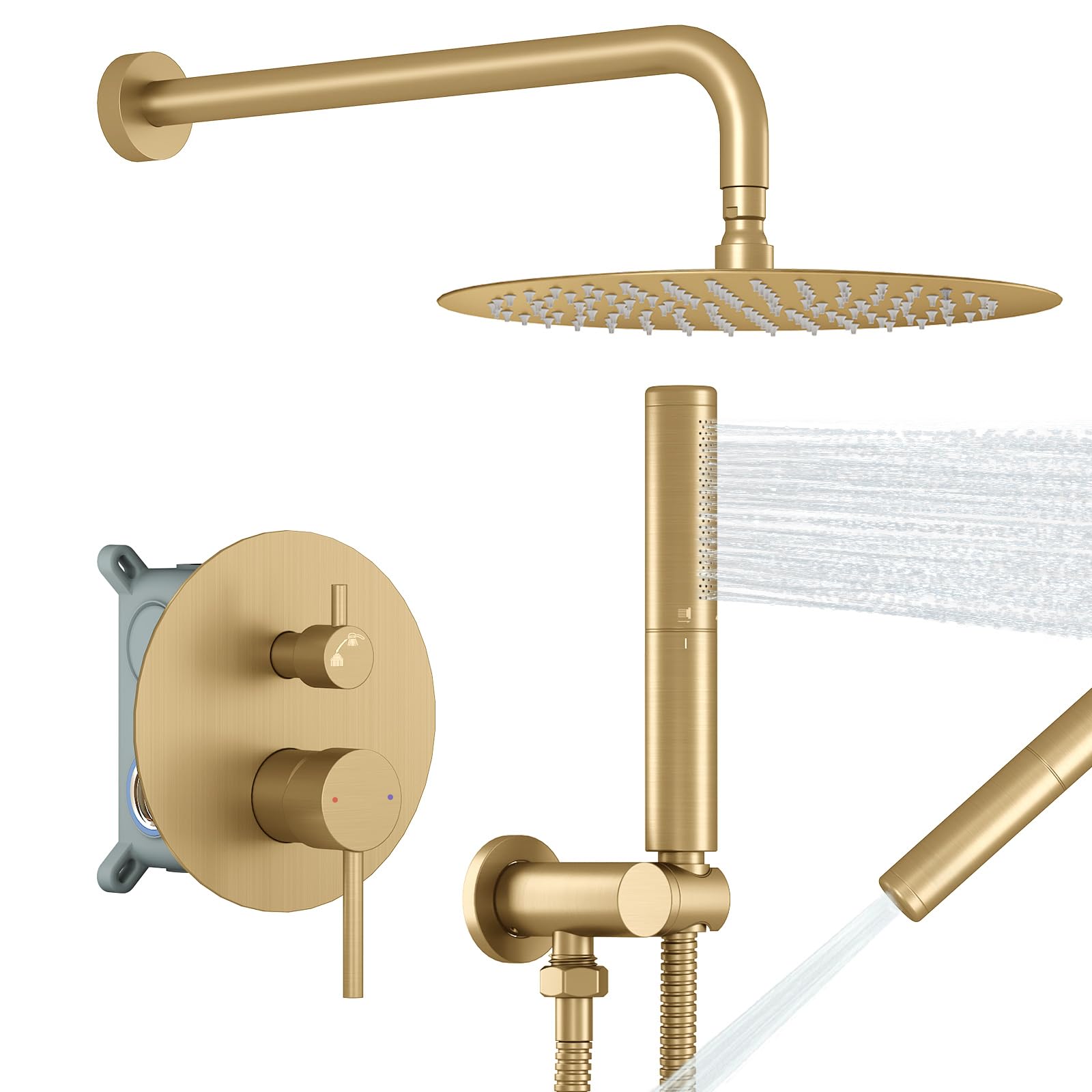 Photo 1 of BESy Shower System with 10 Inch Round Rain Shower Head and Handheld Wall Mounted, High Pressure Rainfall Shower Faucet Fixture Combo Set with 2 in 1 Handheld Showerhead for Bathroom, Brushed Gold