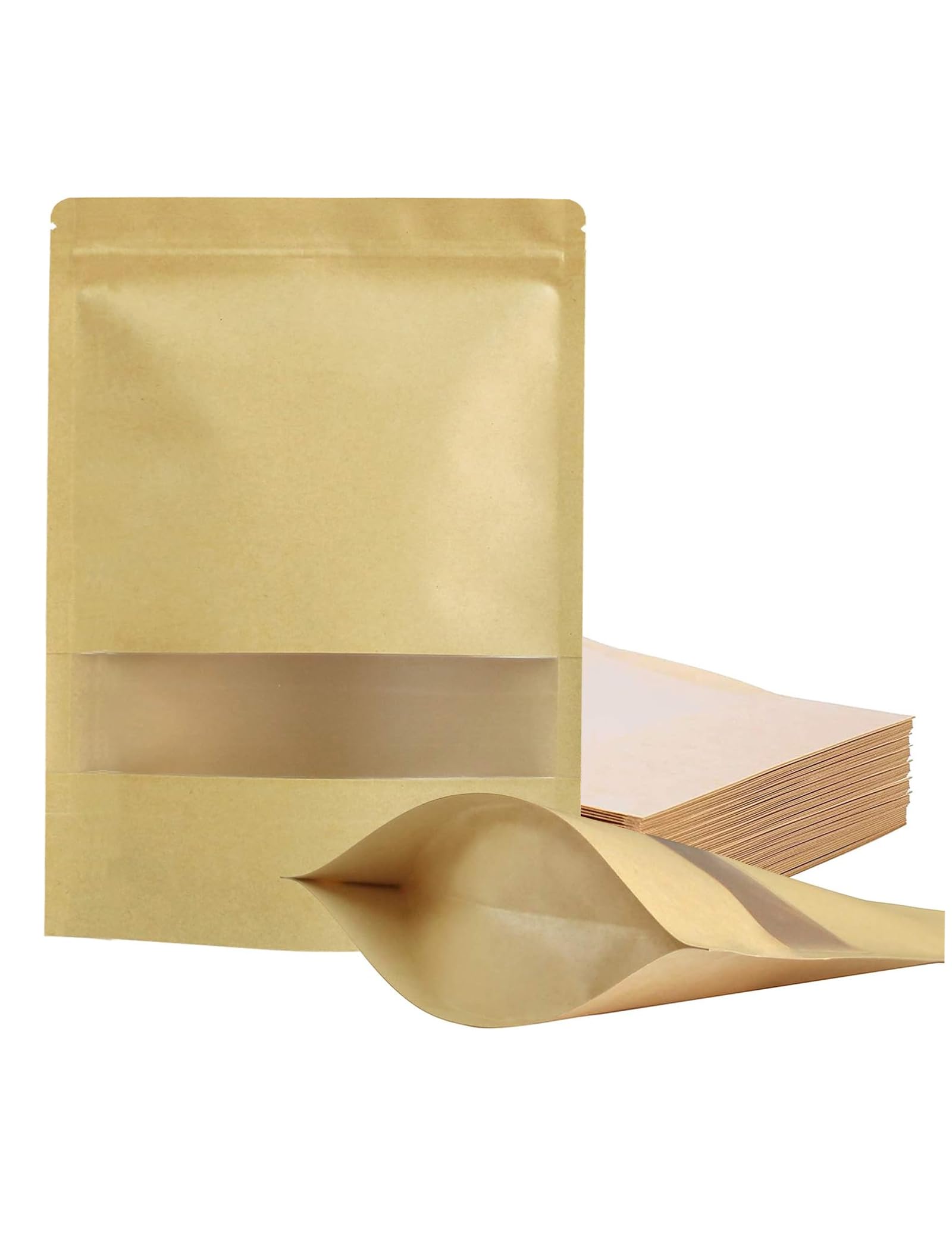 Photo 1 of 100 Pcs Resealable bags,Stand Up Brown Kraft Paper Bags with Matte Window, Zip Lock Food Storage Bags for Packaging Products, Reusable, Sealable(7.9" x 11.8")