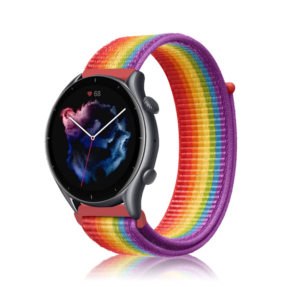 Niboow 22mm Strap for Amazfit T-Rex 3 Pro 48mm/Balance 2/Balance/Bip 6/Bip 5/Cheetah Pro, Men Women Nylon Soft Watch Band for Amazfit GTR 4/GTR 3 Pro/GTR 3/GTR 2e/Stratos 3/Stratos 2 - Rainbows
