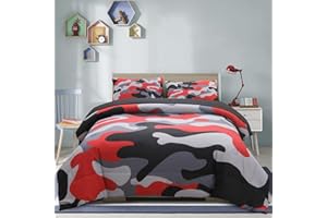 Holawakaka Twin Size Camouflage Bedding Comforter Set with Sheets, Boys Girls Men Camo Bed in A Bag 5 Pieces,Kids Teens Dorm Bed Sets Neutral Farmhouse Lodge Cabin Army Bedspread (Red, Twin)
