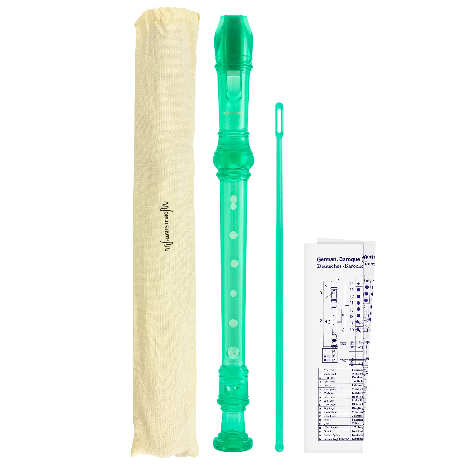World Rhythm WR-802 Descant School Recorder with Bag, Cleaning Rod and Fingering Chart - Soprano - English/Baroque Fingering - Green