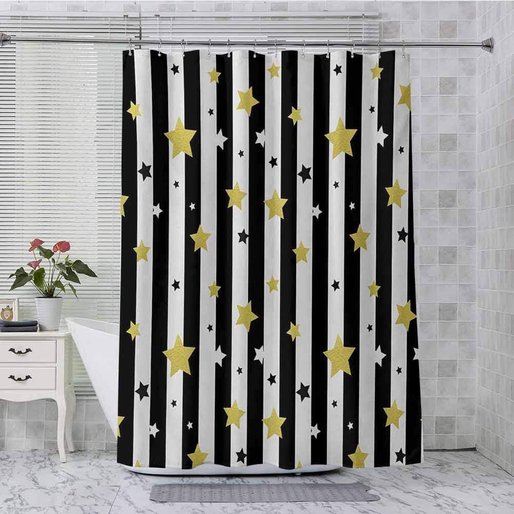 Fabric Shower Curtain, Black and White Lines Background with Big and Small Stars Pattern Print