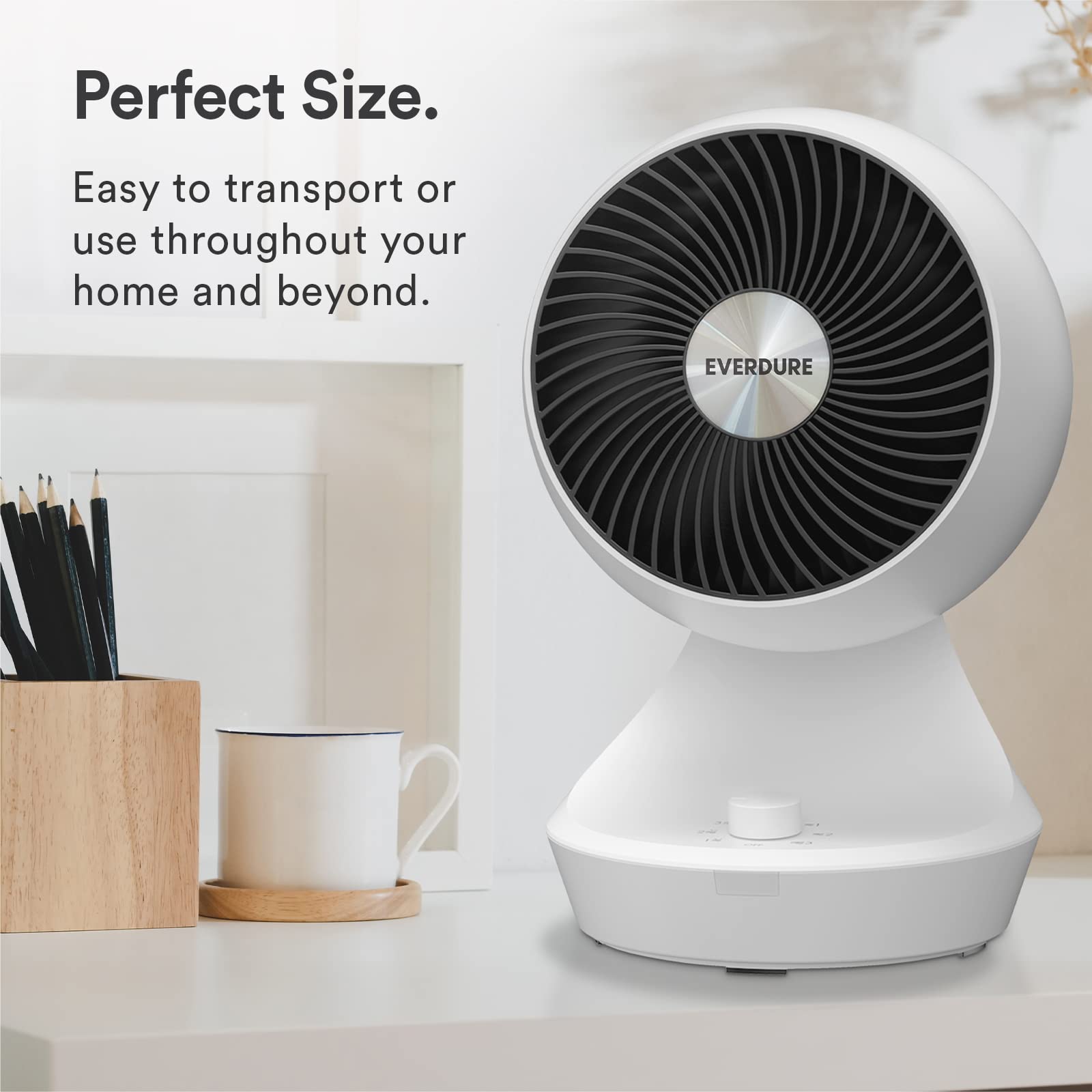 Everdure 9” Oscillating Desk or Table Fan, 3 Speed Settings, Targeted Airflow Control, Low Noise, Modern Design, Portable, Perfect Cooling Fan for Bedroom, Living Room, Home Office, White