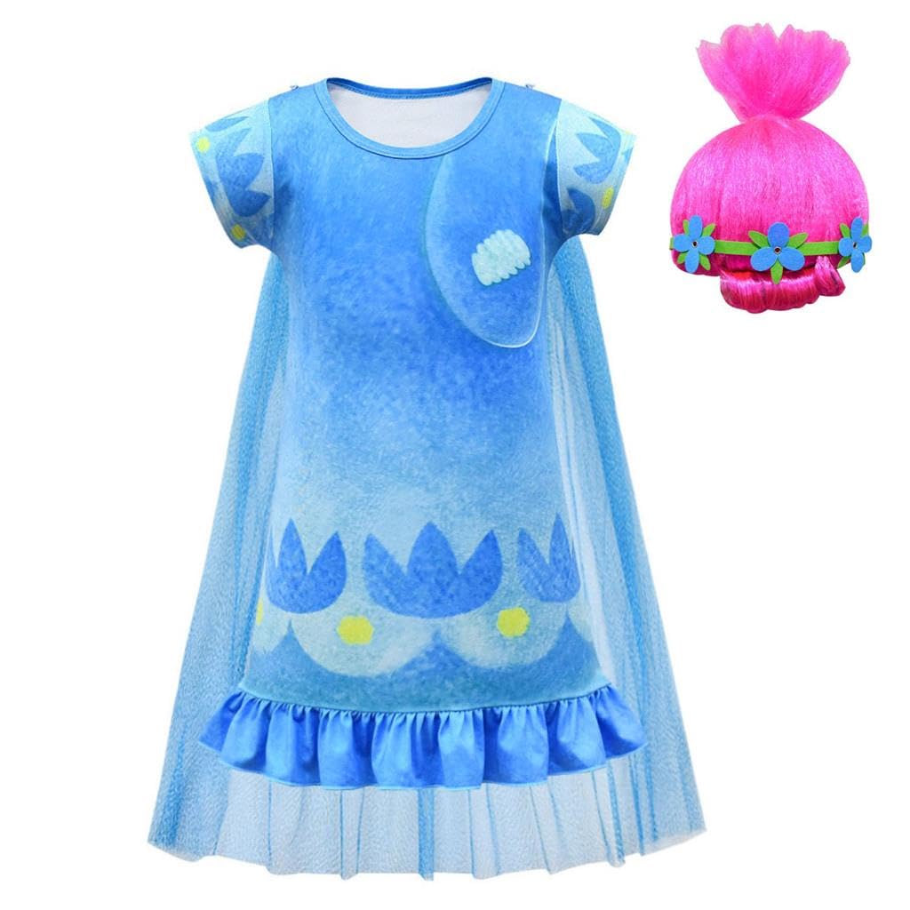 Lito Angels Princess Poppy Trolls Fancy Dress Up Costume Set with Pink Wig for Kids Girls Age 7-8 Years, Blue โ image 1