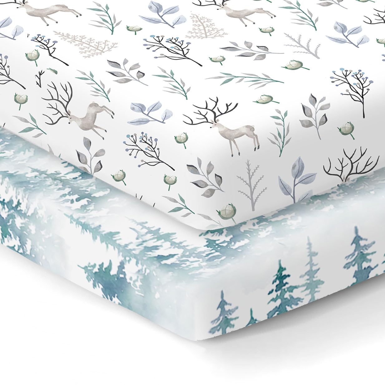 Photo 1 of 100% Organic Cotton Fitted Mattress Sheets Fit and are Compatible with Graco Pack n Play, Babyletto, Pamo Babe, Baby Trend, Portable/Mini Crib/Playards. 2 Pk, Deer and Forest
