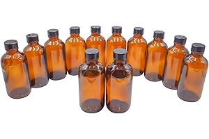 U-Pack 4 oz Amber Glass Boston Round Bottles With Black Ribbed Cap - 12 Pack