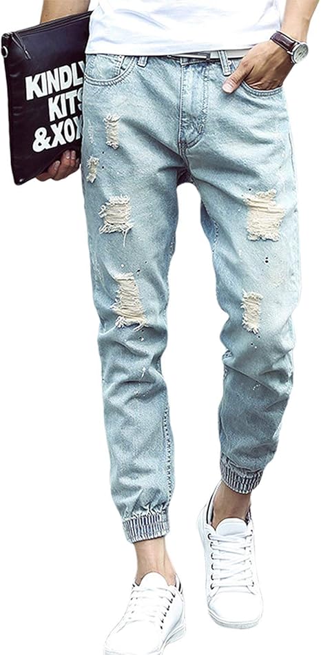 Amazon プチドフランセ メンズ ダメージ デニム ジョガー パンツ