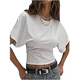 GORGLITTER Women's Dolman Sleeve Ruched Crop Top Shirt Cinched Waist Short Sleeve Crewneck Going Out Tops