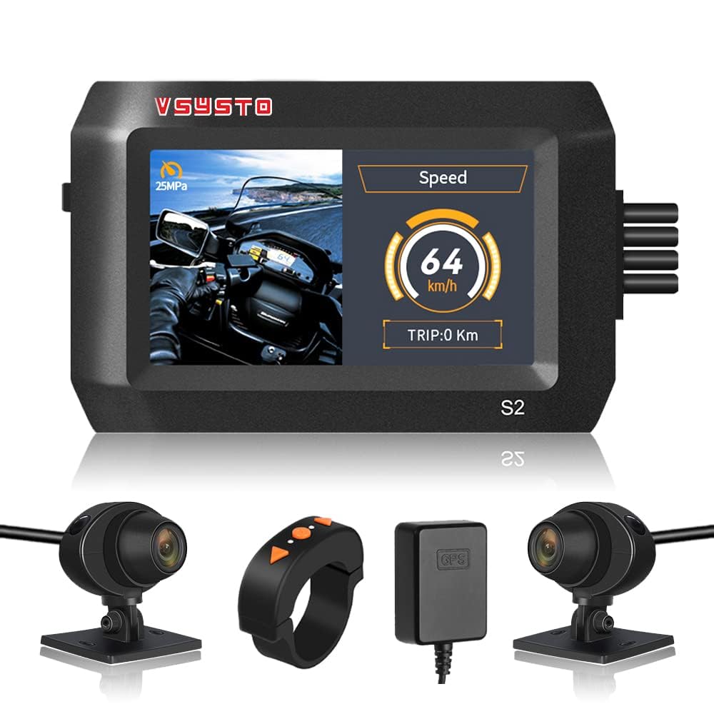 VSYSTO Motorcycle Camera WiFi 3 Inch Waterproof Screen 140° Wide Angle Lens Dual 1080P Front and Rear Camera Motorbike Dash Cam, Parking Monitoring, GPS, Starlight Night Vision Lens (S2F)