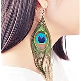 Aimimier Bohemian Peacock Feather Chandelier Earrings Long Drop Dangle Hook Earrings Prom Party Festival Jewelry for Women