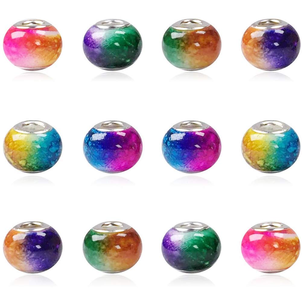 Photo 1 of (PARTIAL SET) AIPRIDY 100Pcs 15x11mm Painting Murano Large Hole Glass Beads Mix Color with Silver Brass Cores European Charm fit Bracelet Necklace (Explosive Double Color Glass)
