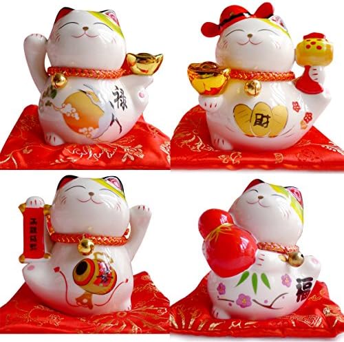 4" White Ceramic Maneki Neko Lucky Cat Coin Bank 4 PCS/Set