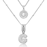 MEIITRUE Initial Letter Necklace for Women 14k White Gold Silver Plated Dainty Necklaces Trendy Chunky Custom Layered Necklace Set Personalized Round Circle Zirconia A-Z Letter Chain Pendant Jewelry Valentine's Day Gift