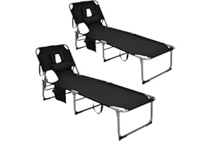 GYMAX Tanning Chair, Folding Beach Lounger with Face Arm Hole, Adjustable Backrest, Side Pocket, Pillow & Carry Handle, Outside Sunbathing Lounge Chair for Patio, Poolside, Lawn (2, Black)